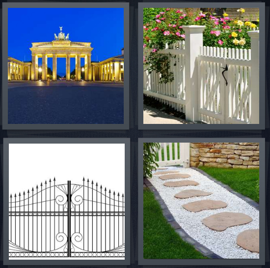 4 Pics 1 Word Answer 4 letters for monument at night lit up, white picket fence, wrought iron fence, pathway leading through garden