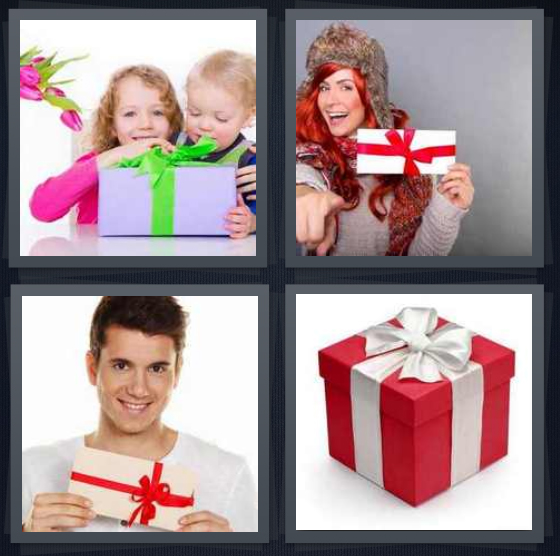 4 Pics 1 Word Answer 4 letters for kids with presents, woman holding Christmas card, man with card, wrapped box with white ribbon