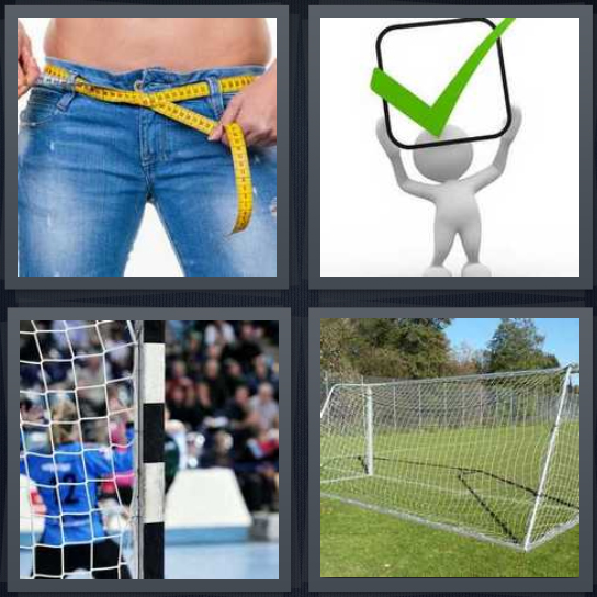 4 Pics 1 Word Answer 4 letters for woman with tape measure on waist for diet, cartoon man with checked box, hockey game, soccer field