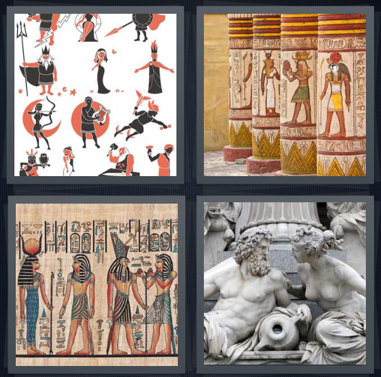 4 Pics 1 Word Answer 4 letters for Roman deities, ancient place of worship, Egyptian deities on wall, statue of Greek deities