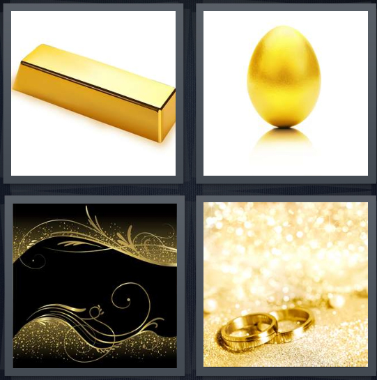 4 Pics 1 Word Answer 4 letters for bar worth money, golden egg, glitter swirl on black background, wedding rings glittering