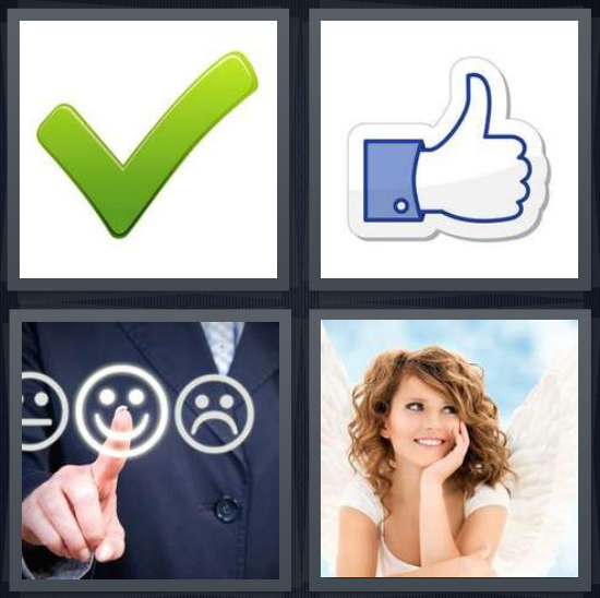 4 Pics 1 Word answers, 4 Pics 1 Word cheats, 4 Pics 1 Word 4 letters for green checkmark on white background, Facebook like, man selecting smiley face, pretty angel with blue sky