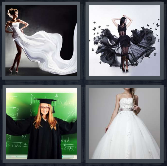 4 Pics 1 Word Answer 4 letters for woman wearing wedding dress, woman in black dress turning into butterflies, graduate in front of chalkboard, bride