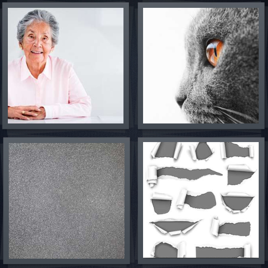4 Pics 1 Word Answer 4 letters for grandma with silver hair, cat with red eyes, steel background, ripped white paper