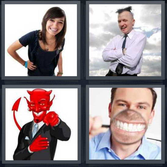 4 Pics 1 Word Answer 4 letters for woman smiling, man with weird hair laughing, devil in a suit, magnifying glass on smile showing teeth