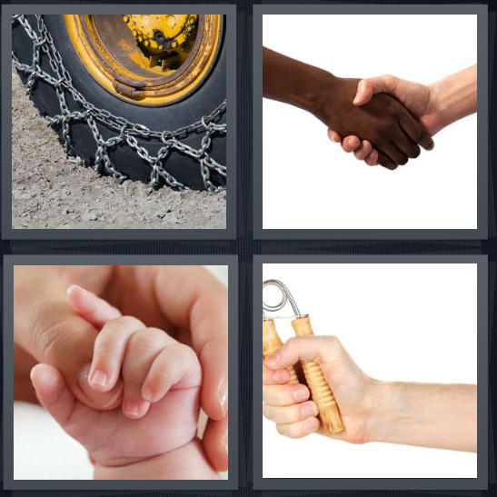 4 Pics 1 Word Answer 4 letters for chains on tire, black and white hands shaking, baby holding finger, person using tool