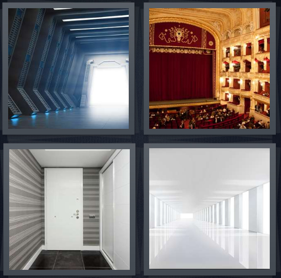 4 Pics 1 Word answers, 4 Pics 1 Word cheats, 4 Pics 1 Word 4 letters for passageway, theater for concerts and plays, doorway at end of tunnel, lot with windows