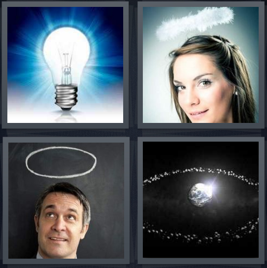 4 Pics 1 Word Answer 4 letters for lightbulb glowing, woman with angel costume, man with ring above head, planet with asteroid around