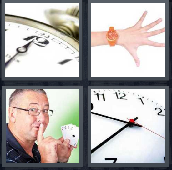 4 Pics 1 Word Answer 4 letters for clock with hand at noon, clock on wrist, man playing cards, clock marking time