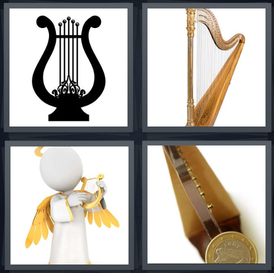 4 Pics 1 Word Answer 4 letters for string player, instrument with strings, angel playing instrument, coin at end of stringed instrument