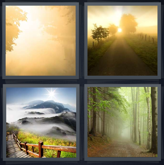 4 Pics 1 Word Answer 4 letters for foggy pathway, foggy road through fields, mountain pass, mist in forest