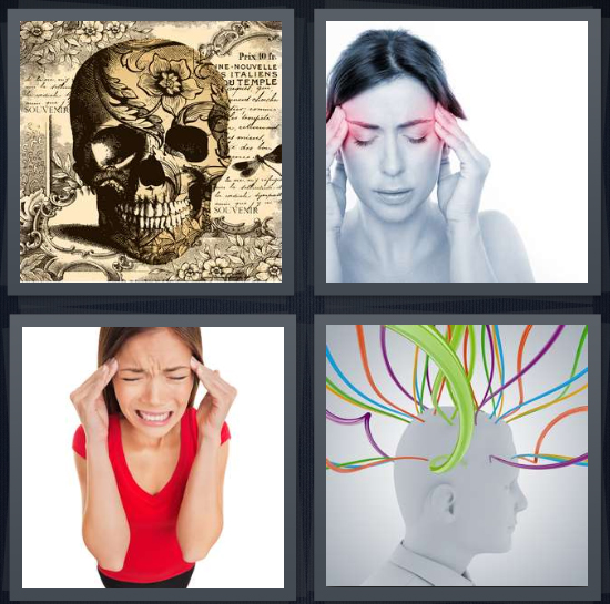 4 Pics 1 Word Answer 4 letters for skull on antique background, woman with headache, woman with pain at temples, rendering of brain waves