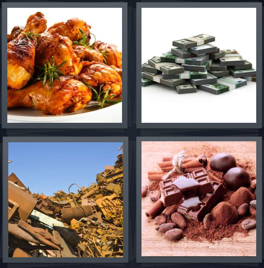 4 Pics 1 Word Answer 4 letters for pile of chicken wings with sauce, pile of money, trash dump, pile of chocolate
