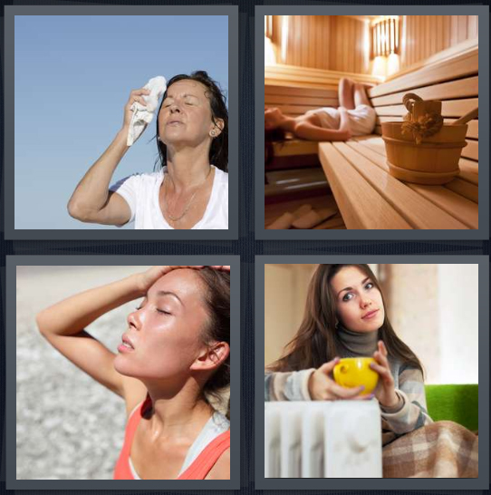 4 Pics 1 Word answers, 4 Pics 1 Word cheats, 4 Pics 1 Word 4 letters woman wiping sweat from face, sauna with wood, woman on beach, woman with mug of hot drink