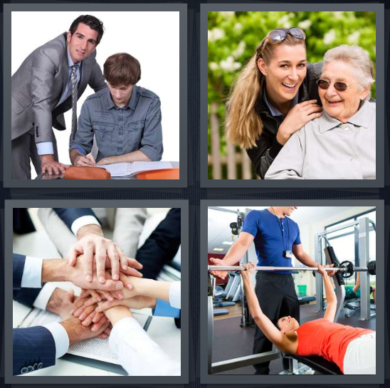 4 Pics 1 Word Answer 4 letters for man assisting kid with homework, woman with elderly woman assisting, hand pact, trainer at gym