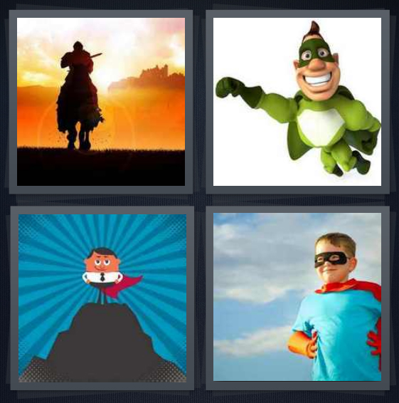 4 Pics 1 Word Answer 4 letters for Lone Ranger riding in sunset, cartoon superhero in green, cartoon man at summit of mountain, kid in superhero costume