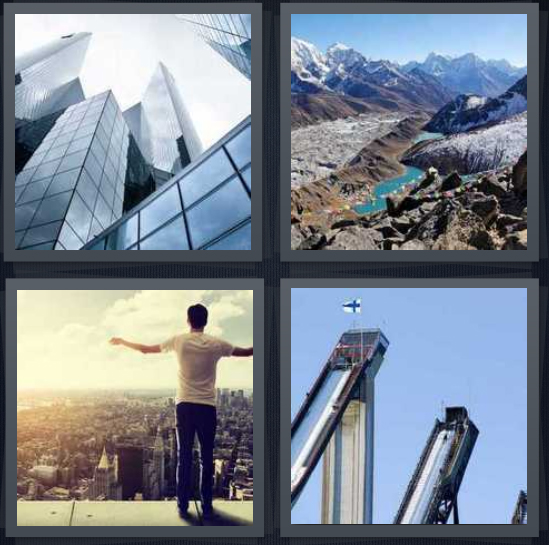 4 Pics 1 Word Answer 4 letters for skyscrapers looming in ceiling, mountain pass with river, man on rooftop, draw bridge open