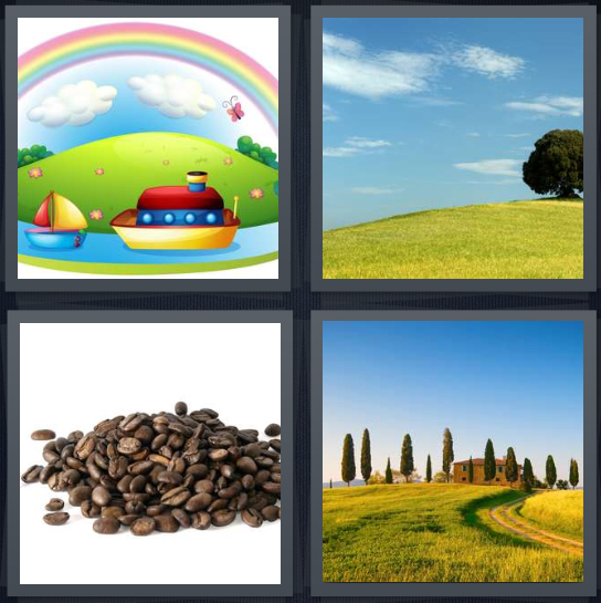 4 Pics 1 Word Answer 4 letters for cartoon rainbow over riverbank, grassy mound, coffee beans in pile, pathway winding to house