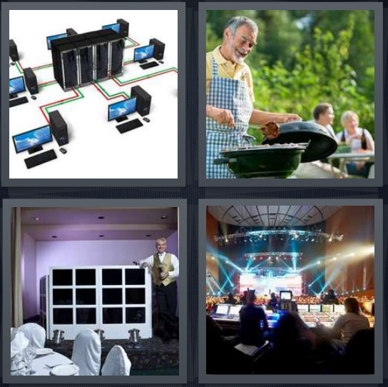 4 Pics 1 Word Answer 4 letters for network of computers, man barbecuing for guests, greeter at restaurant, concert hall