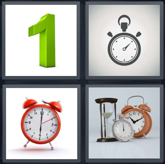 4 Pics 1 Word Answer 4 letters for green number one, drawing of stopwatch, red alarm clock, collection of timers