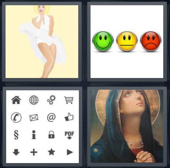 4 Pics 1 Word Answer 4 letters for cartoon of Marilyn Monroe in white dress, red yellow and green smiley faces, clip art black and white, Mary Mother of Jesus painting