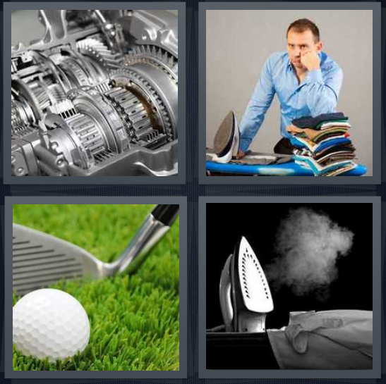 4 Pics 1 Word Answer 4 letters for piston inside engine, man with stack of laundry, golf ball and club on course, steam