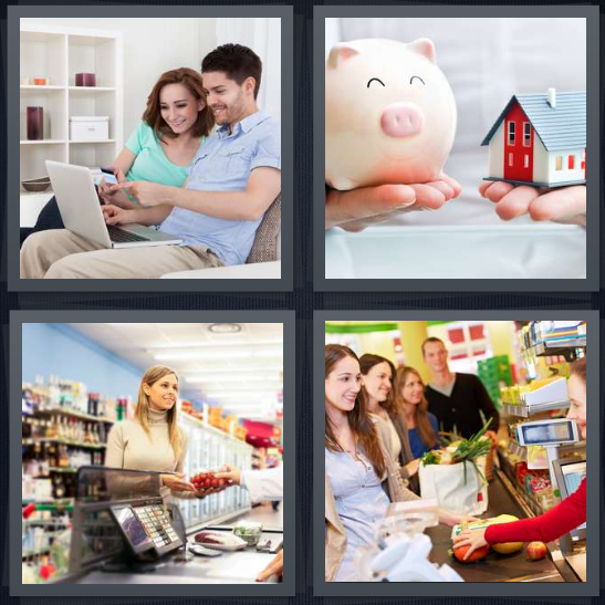 4 Pics 1 Word Answer 3 letters for couple looking at computer, piggy bank and house, woman shopping, groceries at checkout aisle