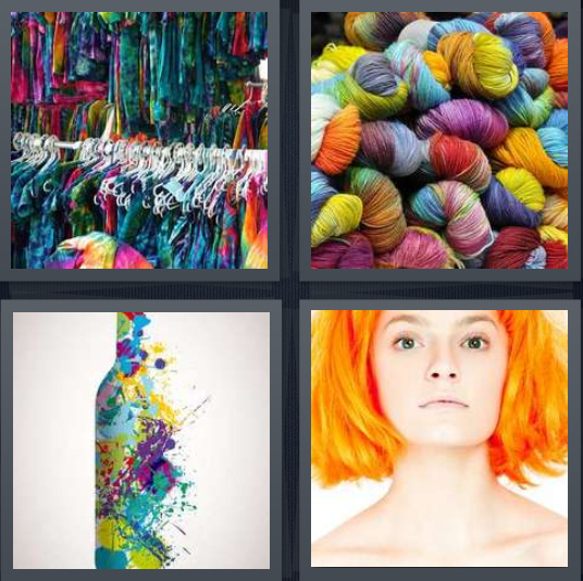 4 Pics 1 Word Answer 3 letters for colorful t shirts on rack, colored yarn, bottle with multi colors, woman with orange hair