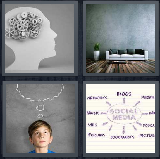 4 Pics 1 Word Answer for Brain, Psychologist, Think, Social Media