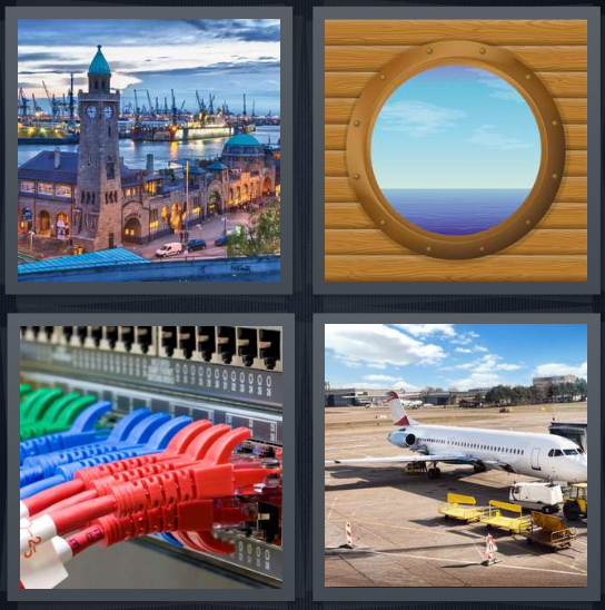 4 Pics 1 Word Answer 4 letters for dock city with water and buildings, window on cruise ship, electric Internet network hub, plane in airport