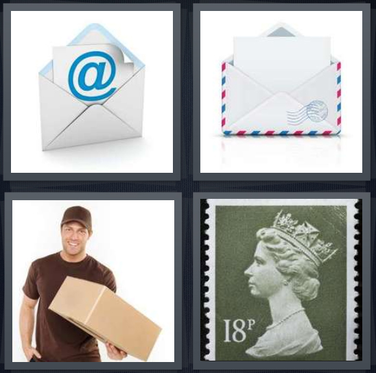 4 Pics 1 Word Answer 4 letters for email symbol, envelope with letter inside, package delivery man, English stamp with queen