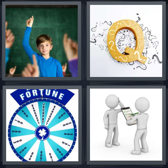 4 Pics 1 Word Answer 4 letters for boy raising hand at school, letter Q with question marks, wheel of fortune game board, figure giving test with clipboard