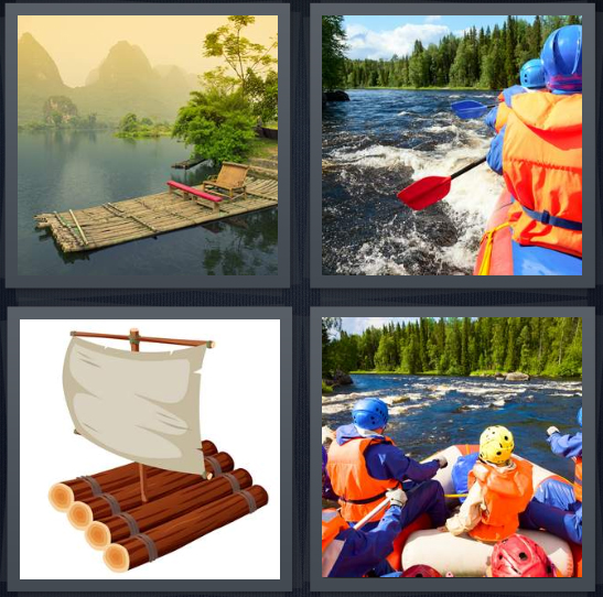 4 Pics 1 Word Answer 4 letters for river with wood boat, whitewater in boat, sail on wooden planks, extreme sports