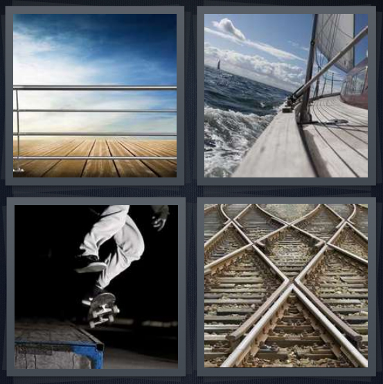 4 Pics 1 Word Answer 4 letters for edge of pier looking out to water, edge of boat, person skateboarding on handle, train tracks