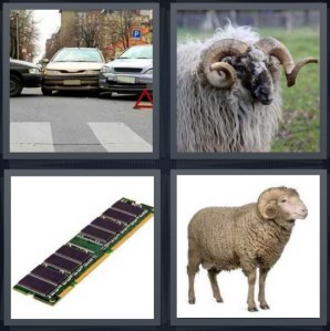 4 Pics 1 Word Answer 3 letters for cars crashed on road, sheep with large curly horns, computer memory, sheep with dirty wool