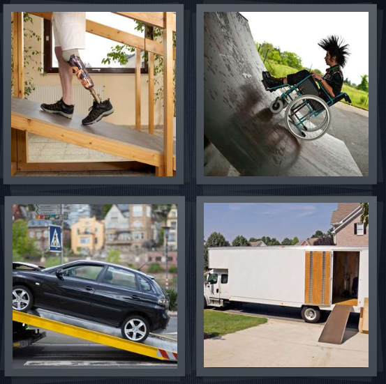 4 Pics 1 Word Answer 4 letters for man with prosthetic leg walking, punk in wheelchair looking at half pipe, car being loaded onto truck, moving truck