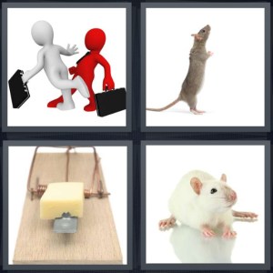 4 Pics 1 Word Answer 3 letters for mean person tripping another person with briefcase, rodent on legs, trap with cheese, white mouse on white background