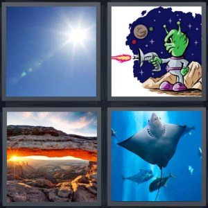 4 Pics 1 Word Answer 3 letters for sun in blue sky, alien drawing with gun, sun rising in Arches, stingray swimming in ocean