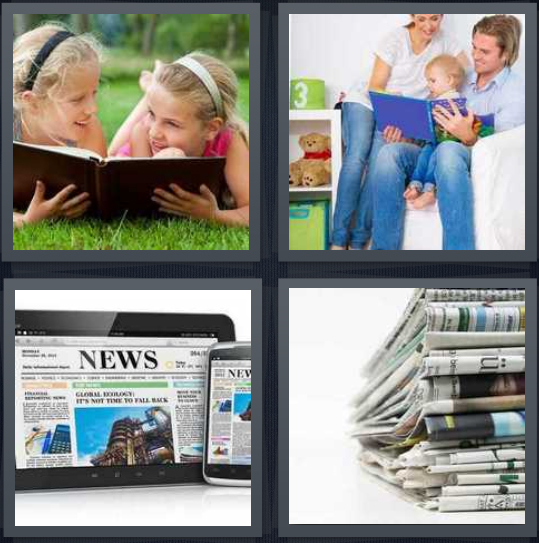 4 Pics 1 Word Answer 4 letters for girls with book on grass, family with baby book, news on electronic device, newspapers