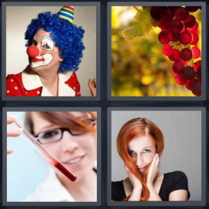 4 Pics 1 Word Answer 3 letters for clown with blue wig and nose, grapes on vine, woman with blood in test tube, woman with orange hair