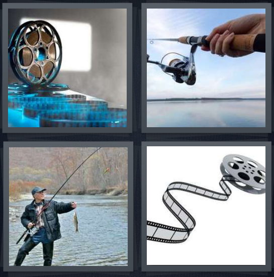 4 Pics 1 Word Answer 4 letters for film stacks, fishing rod in man's hand, man fishing caught fish, analog movie