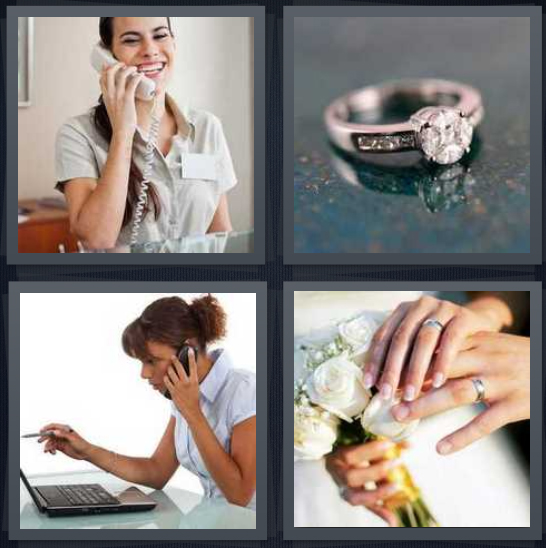 4 Pics 1 Word Answer 4 letters for woman on telephone, engagement diamond, woman booking on computer, wedding hands with flowers