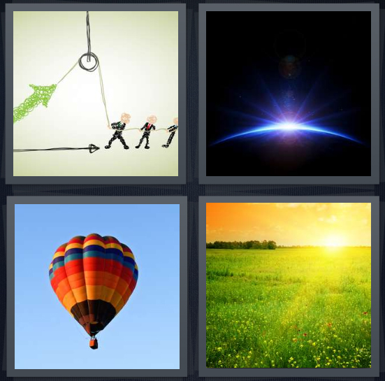 4 Pics 1 Word Answer 4 letters for drawing of people with pulley, moon in space, hot air balloon in sky, sun over field in morning