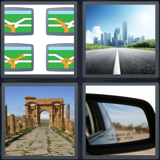 4 Pics 1 Word Answer 4 letters for street signs, street leading to city, pathway to ancient ruins, sideview mirror in car
