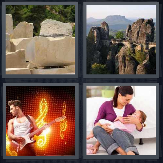 4 Pics 1 Word Answer 4 letters for stone slabs in field, mountain with stone bridge, musician playing guitar, mother cradling baby