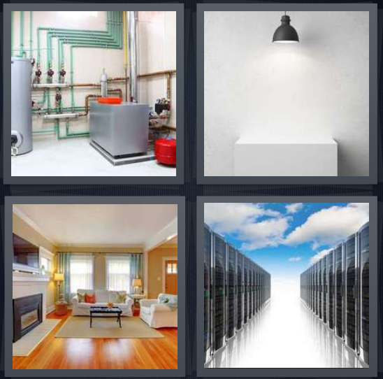 4 Pics 1 Word Answer 4 letters for boiler water heater, interrogation platform, den with couches and wood floor, hallway with storage lockers in cloud