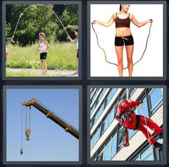 4 Pics 1 Word Answer 4 letters for kids playing jump, woman exercising, pulley from crane, window washer in red on side of building