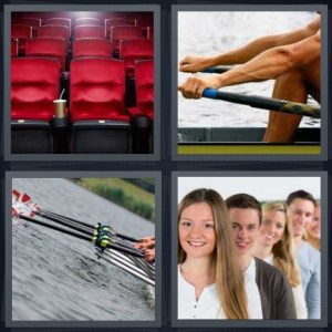 4 Pics 1 Word Answer 3 letters for red seats in empty theater, man in canoe, oars off edge of boat, people standing in line