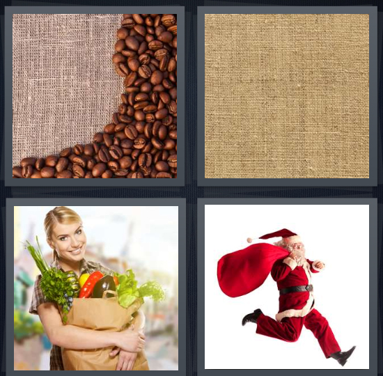 4 Pics 1 Word Answer 4 letters for coffee beans on burlap background, burlap for bag, woman carrying back of groceries, Santa Claus with bag of presents