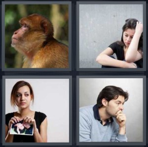 4 Pics 1 Word Answer 3 letters for chimp looking forlorn, depressed woman wearing black, woman upset after breakup, man thinking deeply